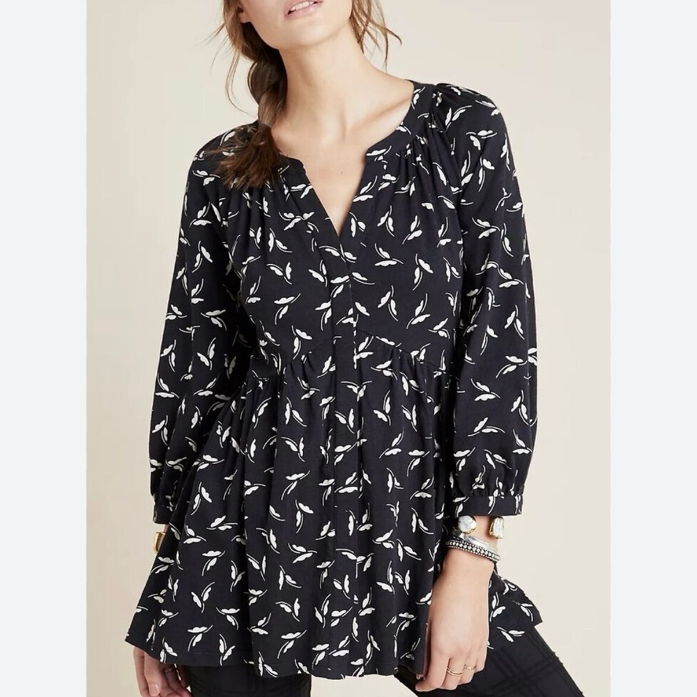 Anthropologie Maeve Winona Babydoll Tunic Top Black and White Printed Blouse
